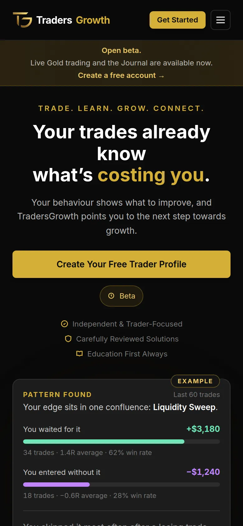 TradersGrowth homepage on mobile